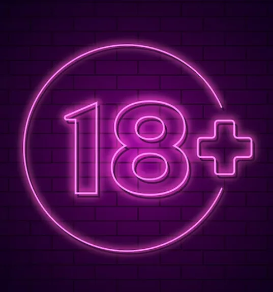 A neon sign with the number eighteen and a plus sign